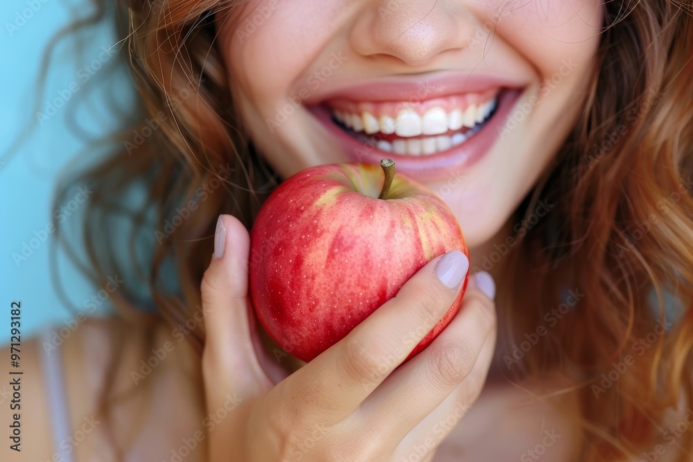 Happy woman with radiant smile holding apple, focusing on nutrition, free text area Happy woman with radiant smile holding apple, focusing on nutrition, free text area