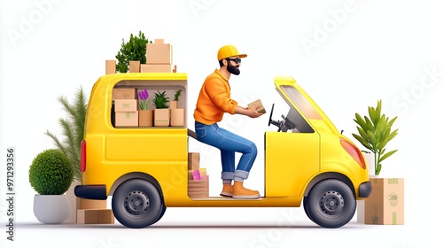 A 3D cartoon man with a beard, wearing a yellow cap and orange shirt, is loading a yellow van with cardboard boxes and plants. photo