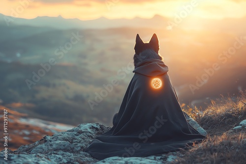 Siberian husky wearing a wizard costume with a glowing orb on a mountain, wizard dog, fantasythemed pet costume photo