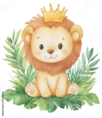 A lion with a crown on his head is sitting in a grassy field. The lion is smiling and he is happy photo