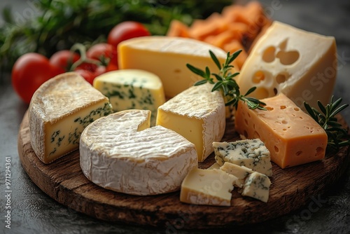 Assortment of cheese on wooden table, closeup. Dairy products. Cheese Selection. Large assortment of international cheese specialities. 