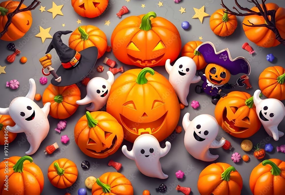 Group of Halloween pumpkins, ghosts, and bats in a pile Group of Halloween pumpkins, ghosts, and bats in a pile