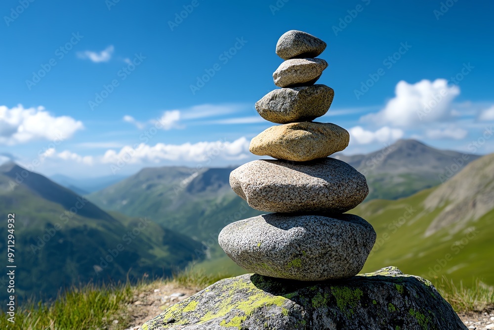 A rock cairn marking a mountain path, its carefully balanced stones guiding travelers to the summit A rock cairn marking a mountain path, its carefully balanced stones guiding travelers to the summit