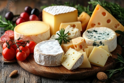 Assortment of cheese on wooden table, closeup. Dairy products. Cheese Selection. Large assortment of international cheese specialities. 