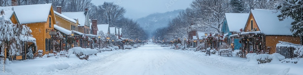 A snowy Main Street in a small American town, lined with shops adorned with holiday decorations and wreaths A snowy Main Street in a small American town, lined with shops adorned with holiday decorations and wreaths