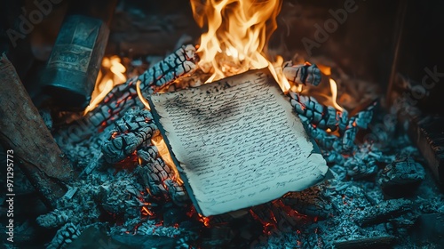 A letter burning in a fireplace, releasing ashes into the air, finality, closure through destruction photo