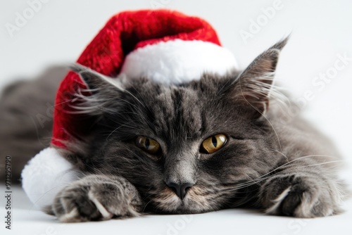 Adorable Grey Cat in Santa Hat Resting with Amused Expression