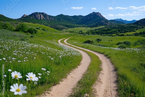 A rugged dirt road leading to a secluded hiking trail, surrounded by tall grass and wildflowers swaying in the breeze