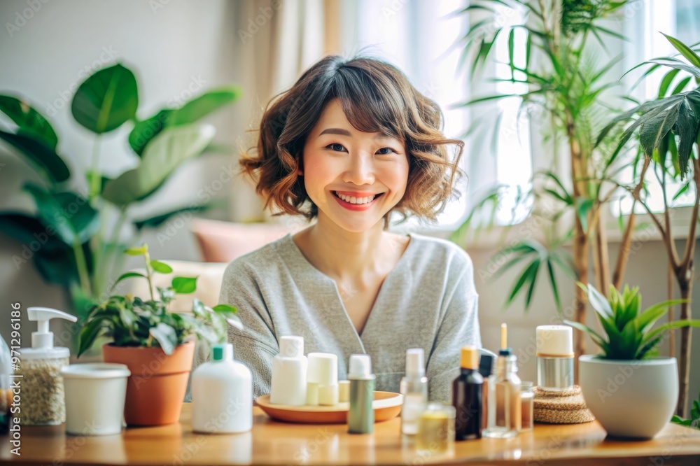 Young Japanese Woman with Short Hair Enjoying Morning Skincare Routine in a Cozy Indoor Setting Young Japanese Woman with Short Hair Enjoying Morning Skincare Routine in a Cozy Indoor Setting