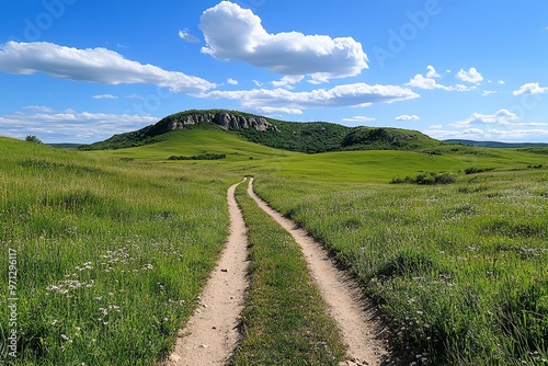 A rugged dirt road leading to a secluded hiking trail, surrounded by tall grass and wildflowers swaying in the breeze