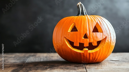 A Happy Halloween Pumpkin with a Smiling Face on a Wooden Table