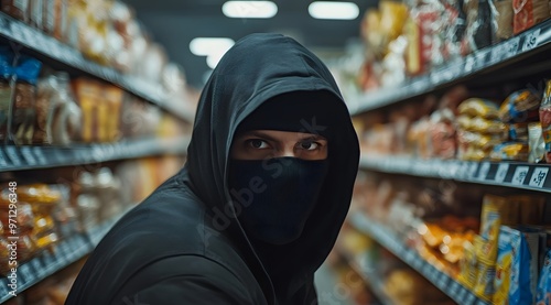 A hooded criminal in a black balaclava is sneaking through the store, taking snacks and treats from the shelves