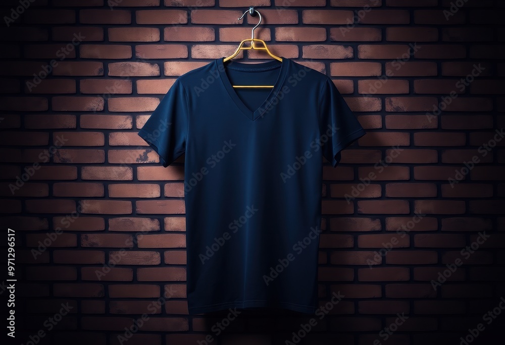 Dark Blue V-Neck T-Shirt Hanging on a Wooden Hanger Against a Brick Wall Dark Blue V-Neck T-Shirt Hanging on a Wooden Hanger Against a Brick Wall