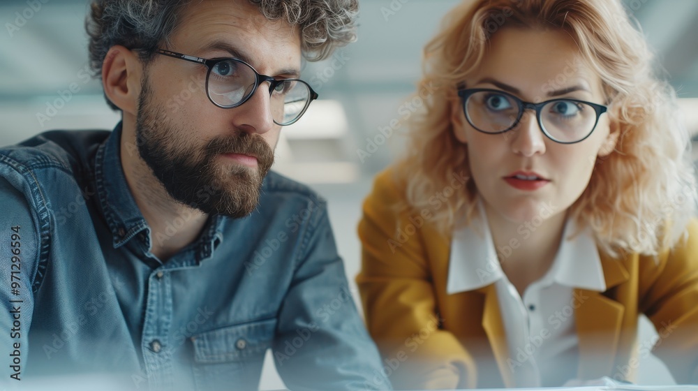 A bearded man and a woman wearing glasses concentrate on a project while collaborating in a modern office space, discussing ideas. A bearded man and a woman wearing glasses concentrate on a project while collaborating in a modern office space, discussing ideas.