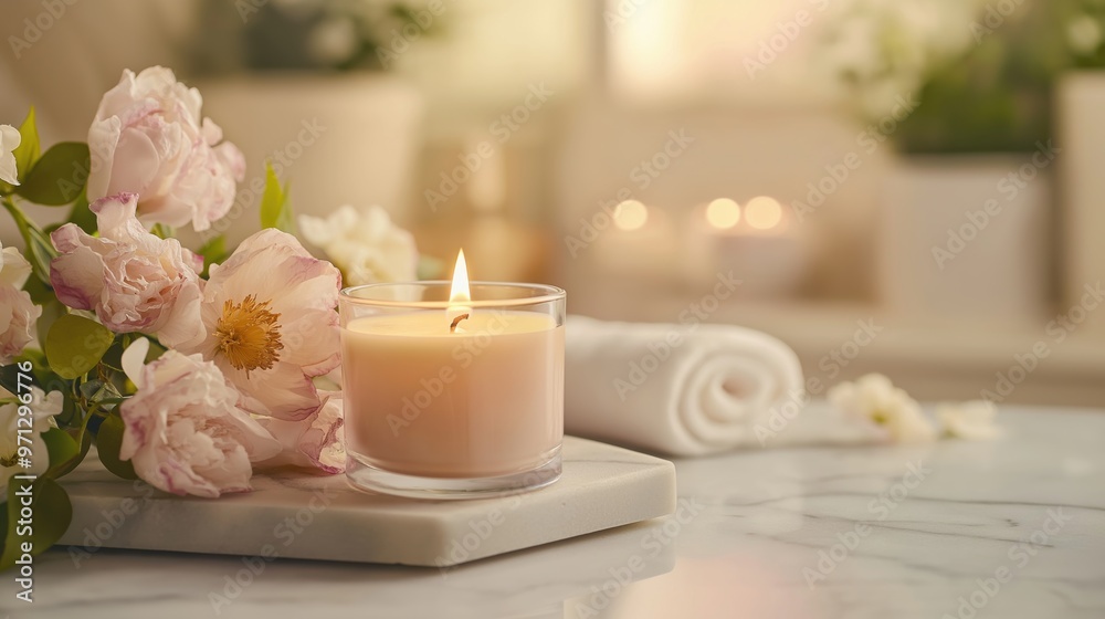 Tranquil Spa Setting with Elegant Scented Candle on Marble Tray, Fresh Flowers and Spa Accessories Tranquil Spa Setting with Elegant Scented Candle on Marble Tray, Fresh Flowers and Spa Accessories