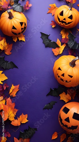 Halloween Background with Pumpkins Bats and Autumn Leaves