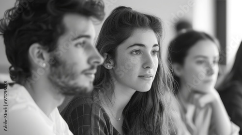 A commemorative photo of a female worker focused on attending a meeting amidst her coworkers in grayscale, black and white, or monochrome.