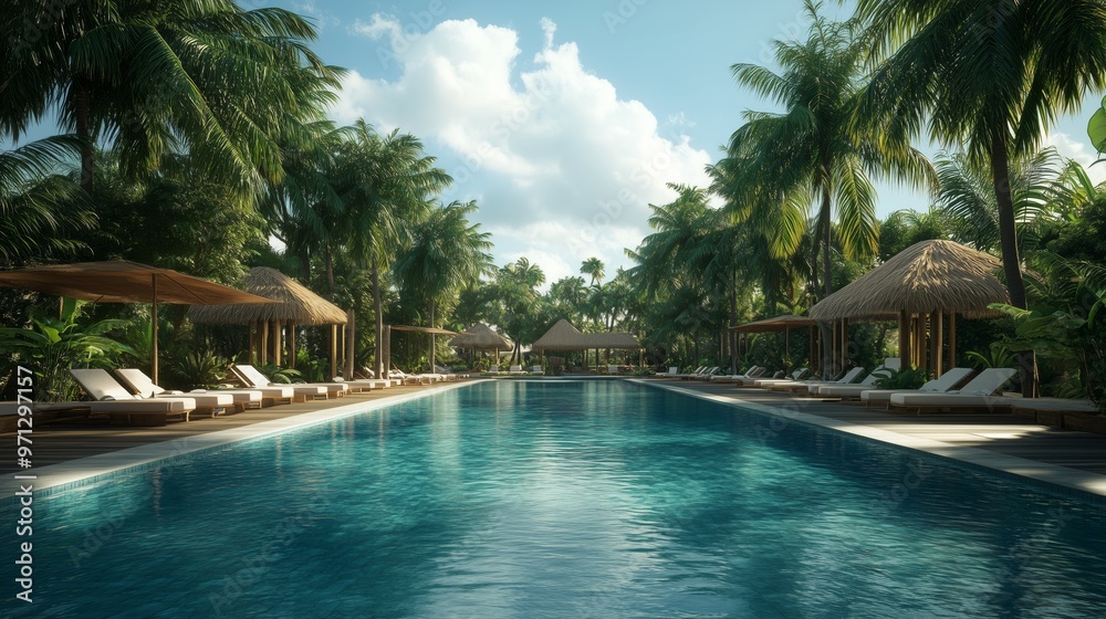Fototapeta premium Tropical Paradise Resort Pool with Palm Trees and Lounge Chairs