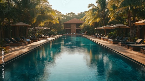 Tropical Resort Swimming Pool with Palm Trees and Loungers
