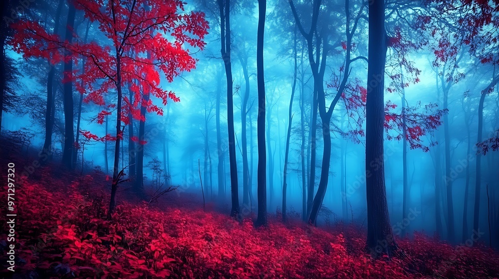 Obraz premium Enchanted Forest with Vibrant Red Leaves Surrounded by Mysterious Blue Fog