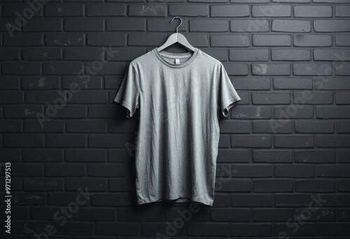 Grey T-shirt Hanging on a Black Brick Wall