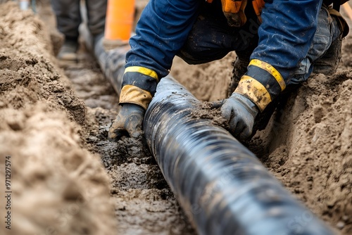 close-up of a construction worker laying polyethylene pipe for water or gas in the ground