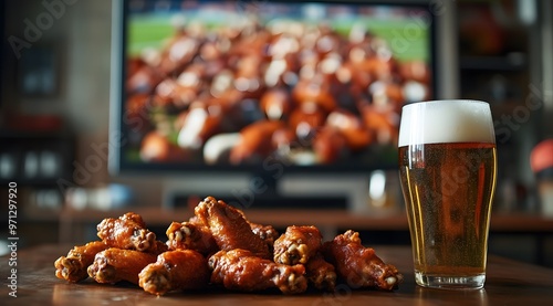 A plate of chicken wings and a beer on the table in front of the TV, watching a football game at home