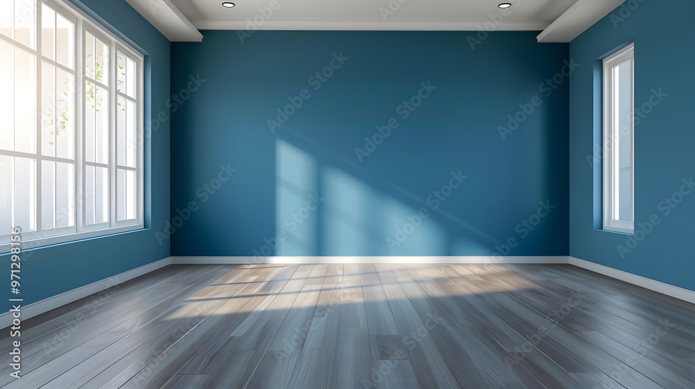 empty living room with blue tones wall 3D render. Generative Ai. empty living room with blue tones wall 3D render. Generative Ai.