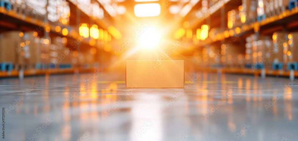 Fototapeta premium A cardboard box illuminated by warm sunlight in a spacious warehouse, symbolizing logistics and delivery.