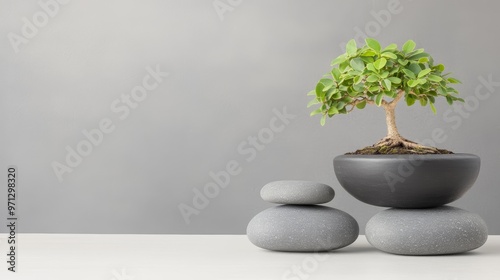 A minimalist arrangement featuring a bonsai tree in a modern pot on smooth stones, evoking tranquility and harmony.