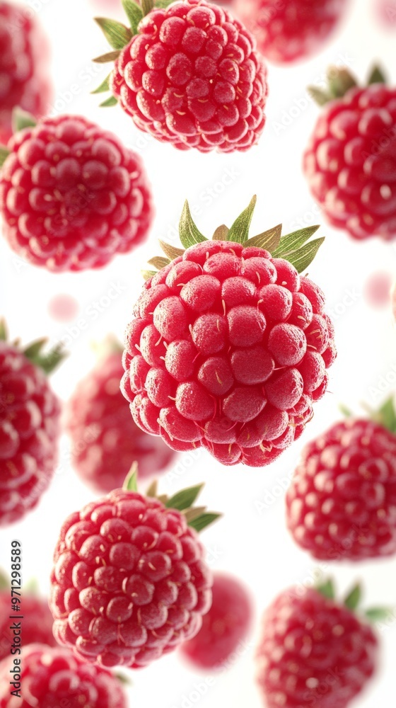 Fresh Red Raspberries Floating in the Air With Droplets on Them Against a White Background Fresh Red Raspberries Floating in the Air With Droplets on Them Against a White Background