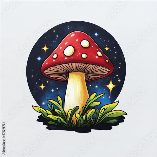 Psychedelic Mushroom Illustration With Stars And Grass