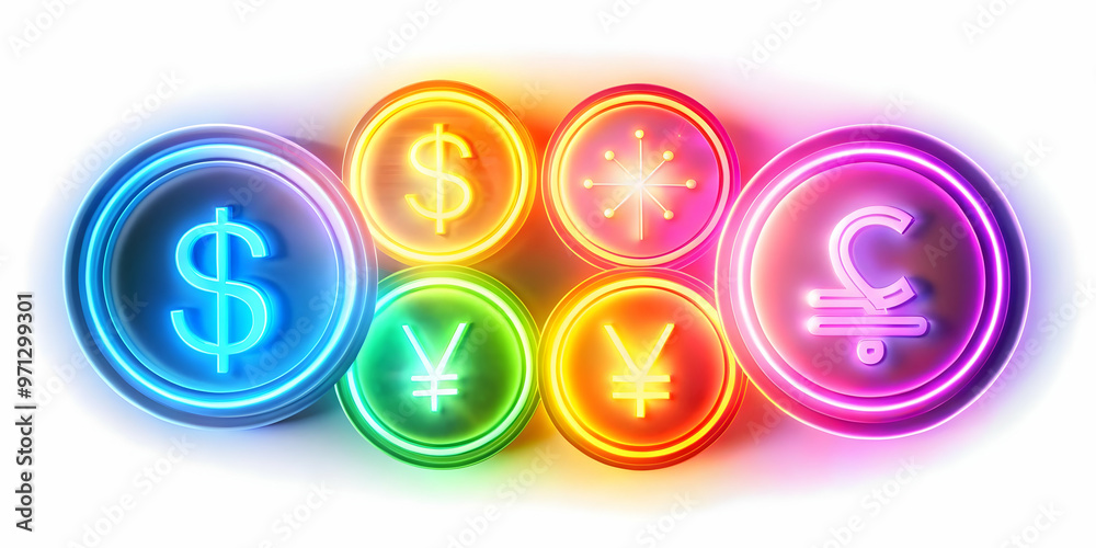 3D Glowing Abstract Currency Exchange Icon: Vibrant Digital Art of Global Finance with Bright Sums and Dynamic Light Effects on White Background