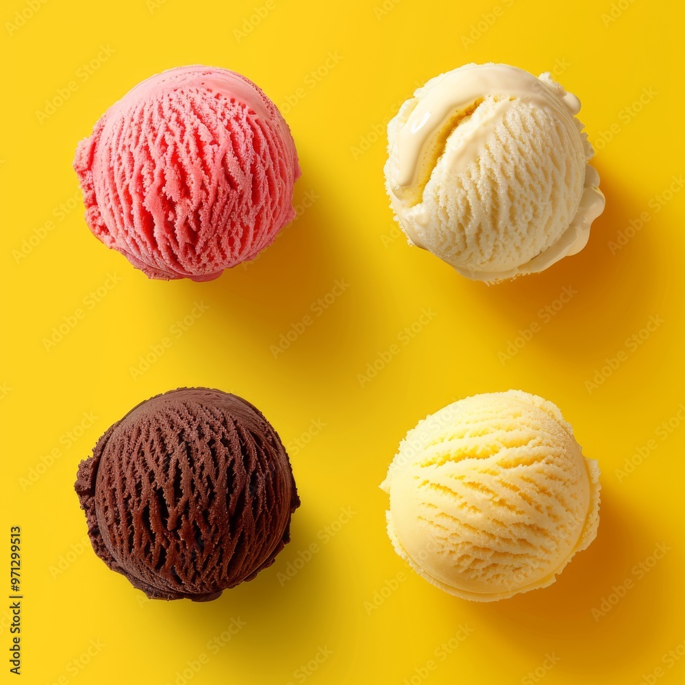 Classic Ice Cream Scoops Arranged on a Bright Yellow Background Classic Ice Cream Scoops Arranged on a Bright Yellow Background