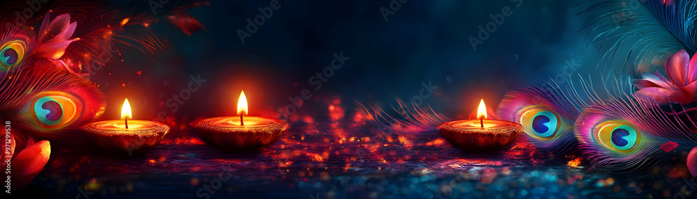Glossy Diwali Background Featuring Vibrant Lamps and Swirling Floral Designs Celebrating the Festive Spirit - Ideal for Background Banners
