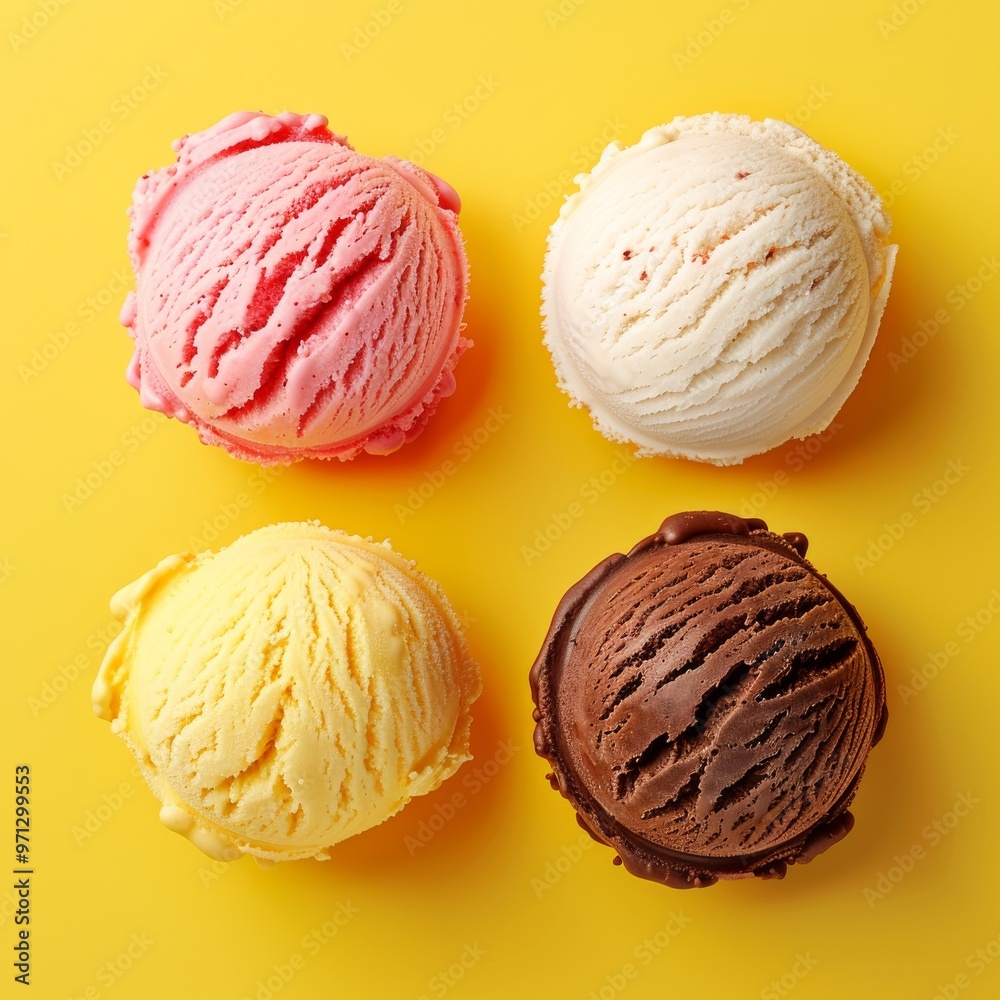 Classic Ice Cream Scoops Arranged on a Bright Yellow Background 