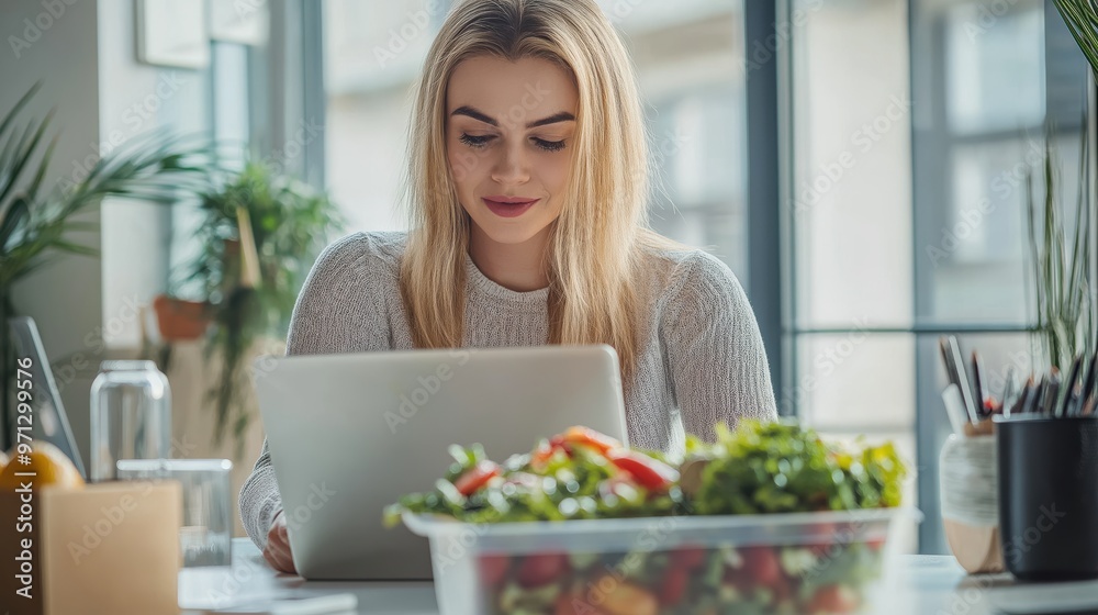 Young Woman Enjoying Salad at Bright Office Desk While Working on Laptop Young Woman Enjoying Salad at Bright Office Desk While Working on Laptop
