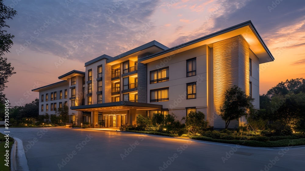 Modern Building with Illuminated Exterior at Dusk Modern Building with Illuminated Exterior at Dusk