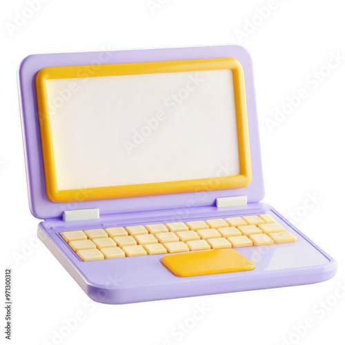 3D rendering of a laptop icon in a cartoon style in purple and yellow colors with a simple design and a glossy finish.