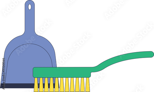 A blue dustpan and green broom symbolize cleanliness and tidiness in a simple illustration.