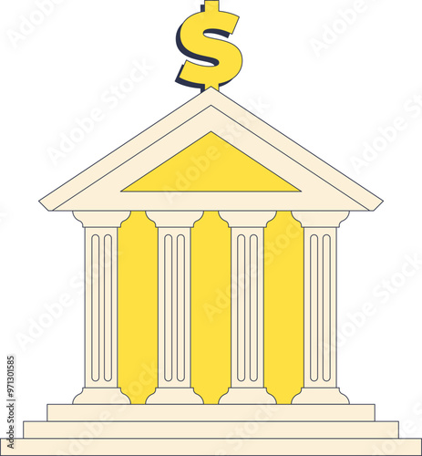 Illustration of a stylized central bank building with classical columns and a dollar sign on top, symbolizing financial authority.