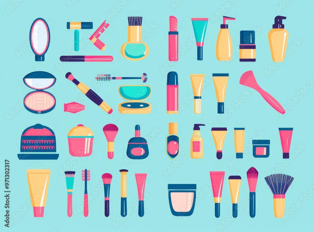 A set of icons for beauty products in a flat design style with simple shapes and vector art on a turquoise background. The vector icon sprite sheet uses simple shapes with flat colors and vector graph A set of icons for beauty products in a flat design style with simple shapes and vector art on a turquoise background. The vector icon sprite sheet uses simple shapes with flat colors and vector graph