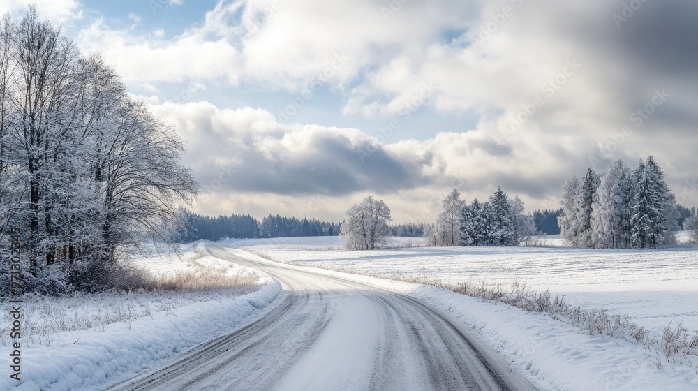 Obraz premium A quiet winter road surrounded by snow-covered fields and trees, creating a scenic, peaceful landscape under a cloudy sky.