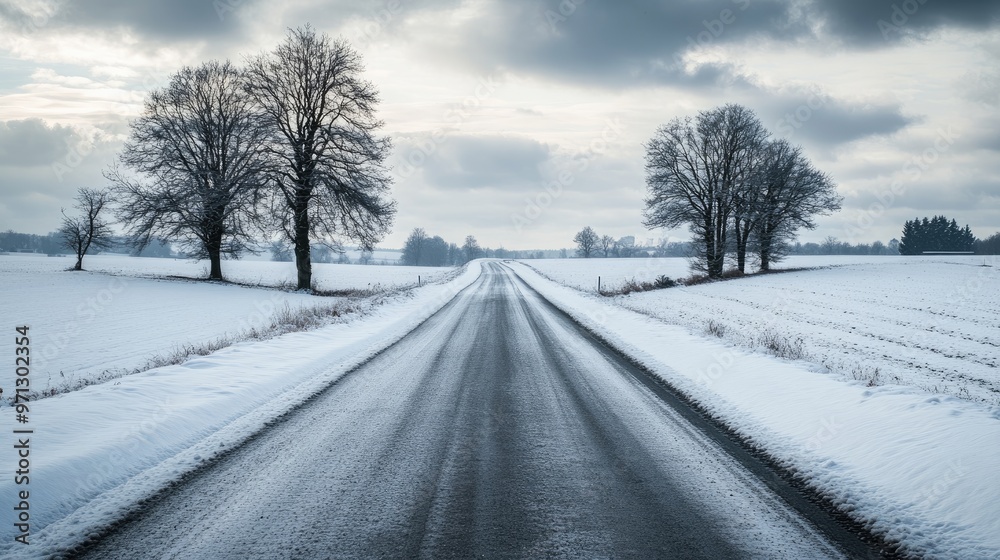 Obraz premium A quiet winter road surrounded by snow-covered fields and trees, creating a scenic, peaceful landscape under a cloudy sky.