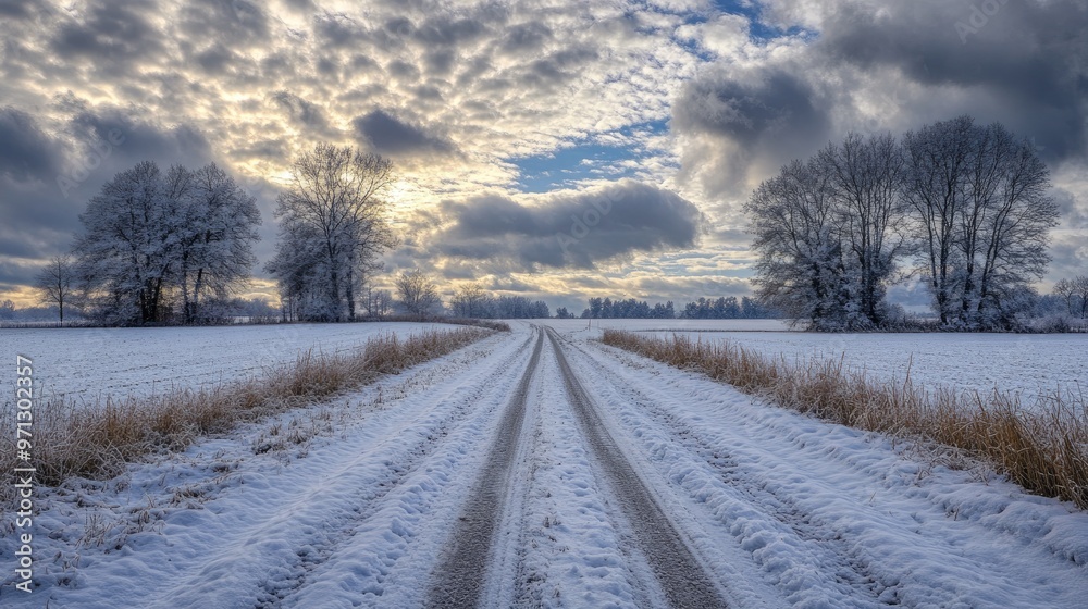 A quiet winter road surrounded by snow-covered fields and trees, creating a scenic, peaceful landscape under a cloudy sky. A quiet winter road surrounded by snow-covered fields and trees, creating a scenic, peaceful landscape under a cloudy sky.
