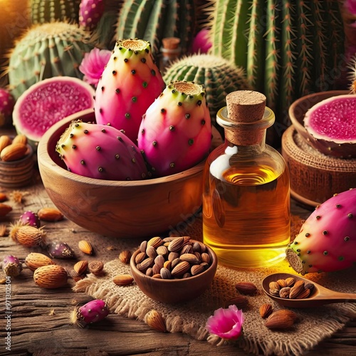 Prickly pear seed oil with prickly pears in a desert setting with vibrant, natural colors