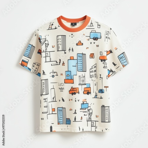 White T Shirt with Cityscape Pattern photo