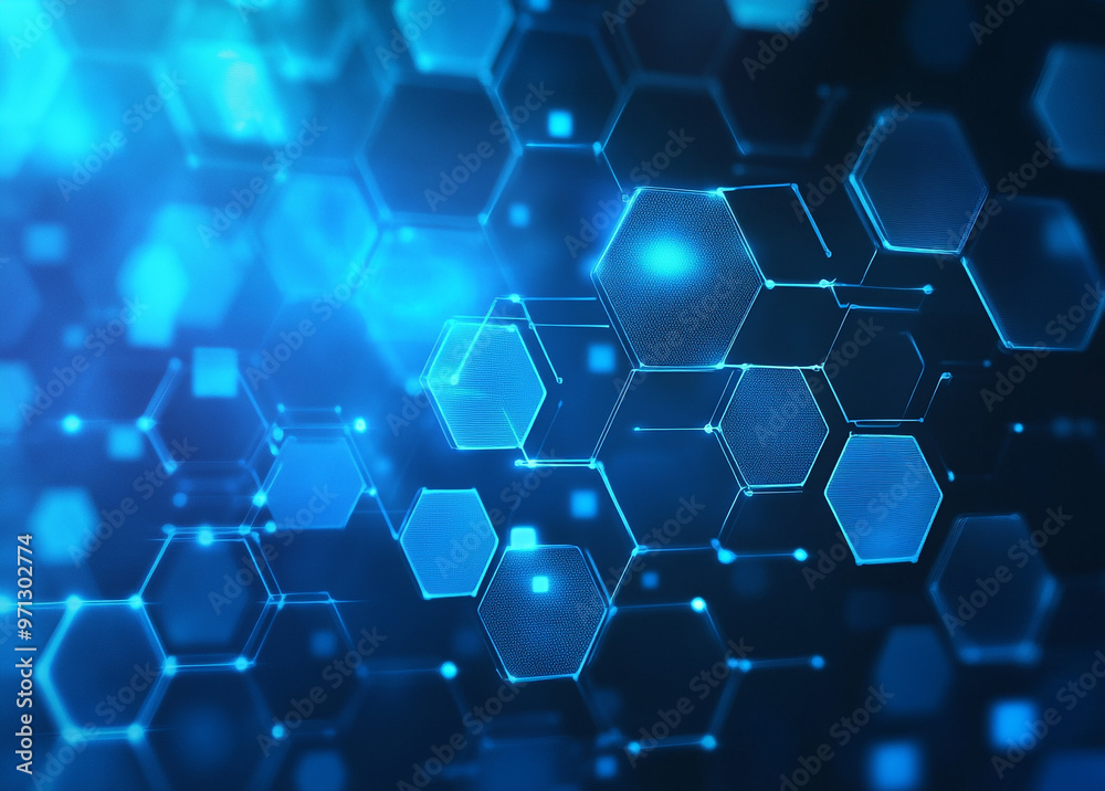 Abstract blue technological background with hexagons and light effects. Digital illustration of a futuristic design for web, mobile app, or presentation. Abstract blue technological background with hexagons and light effects. Digital illustration of a futuristic design for web, mobile app, or presentation.