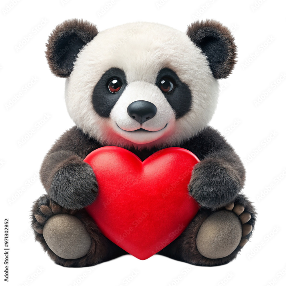 Cuddly panda holding a crimson heart Isolated on transparent background. Cuddly panda holding a crimson heart Isolated on transparent background.
