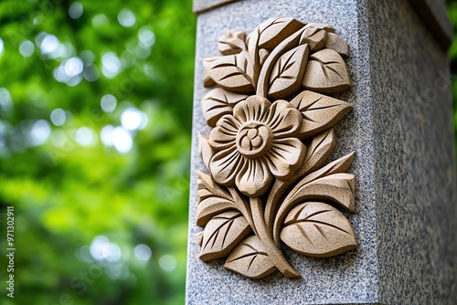 A springstone monument in the middle of a public park, honoring the natural beauty of the land with intricate carvings
